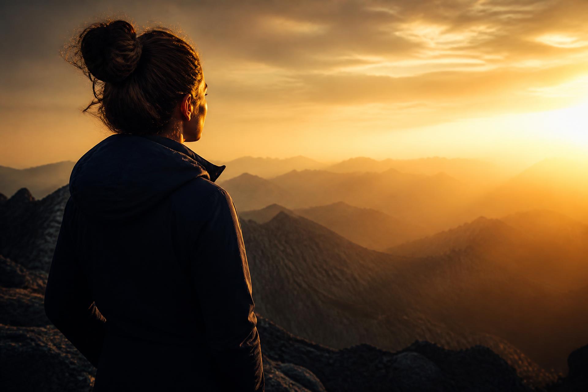 Woman on a mountain ridge looking toward a golden sunrise